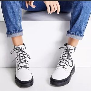 Timberland White Leather Combat-Style Ankle Booties with Black Sole